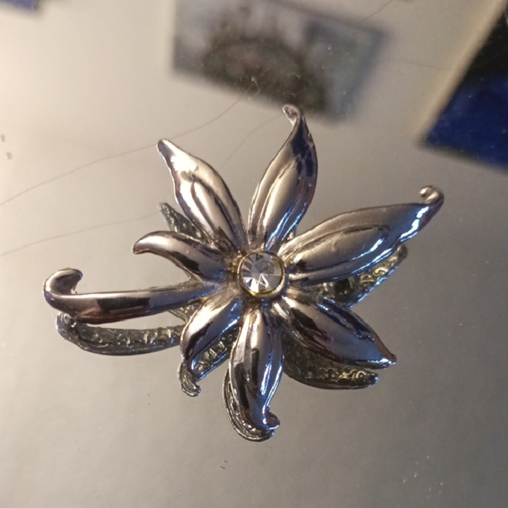 Silver Flower Brooch with Clear Crystal Center